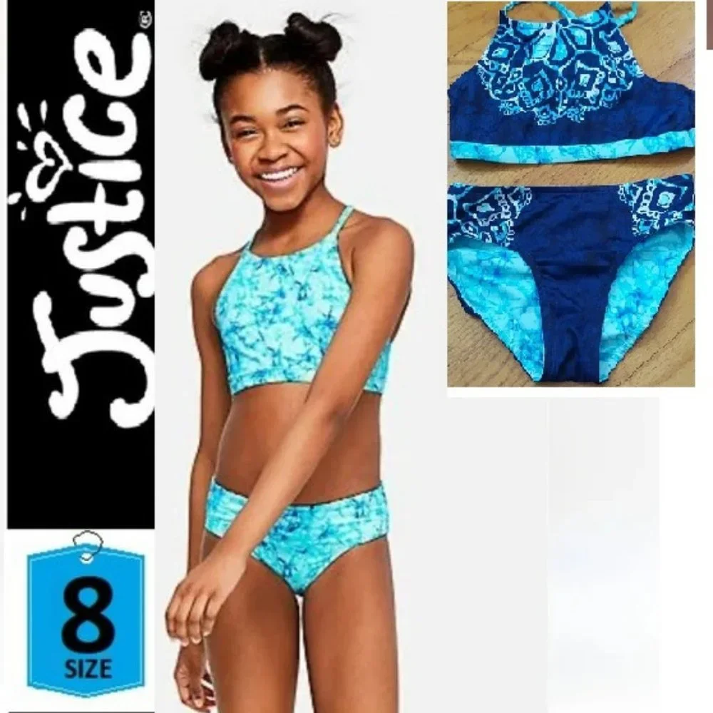 🎁 10/$25 Justice reversible swimsuit, size 8 blue bikini, tye dye batik